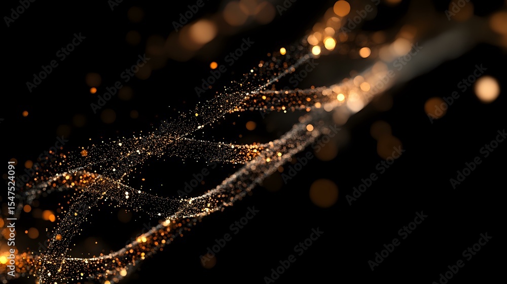 Poster glowing golden particles form elegant waves against dark background, creating magical light trails w
