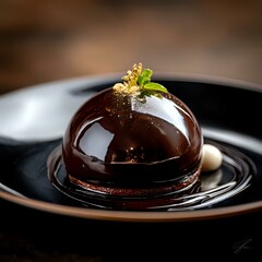 Elegant chocolate mirror glaze dessert dome garnished with gold leaf and mint on black plate, dark moody background with selective focus for culinary arts.