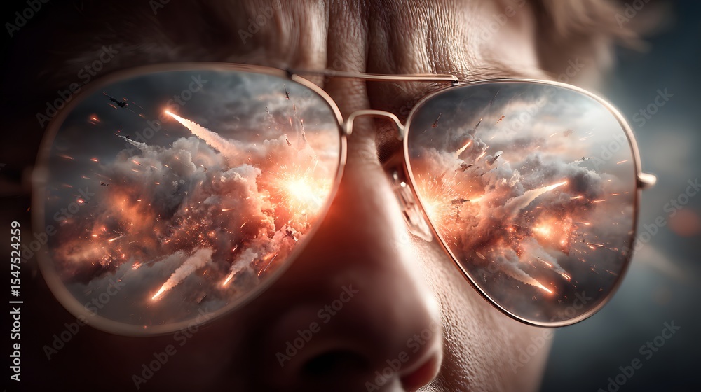 Poster a close up view of a person s face wearing a pair of aviator sunglasses with a vivid and intense ref