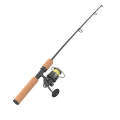 Detailed view of a black fishing rod with yellow line