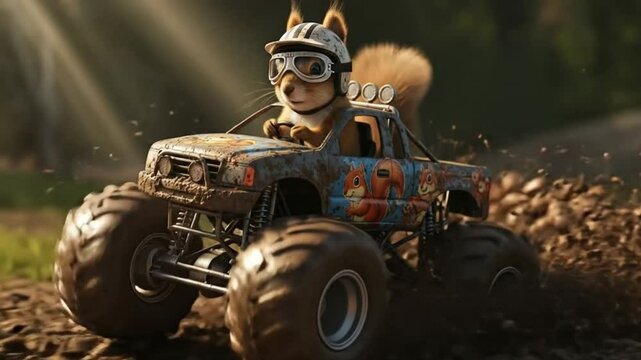 A squirrel with helmet and goggles driving a monster truck over a pile of round brown objects outdoors