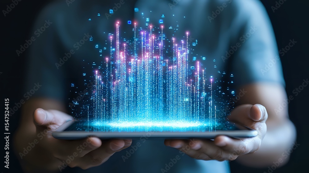 Poster glowing blue and pink digital hologram emerging from tablet device held in hands, showing futuristic