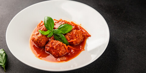 Meatballs tomato sauce beef, pork or chicken meat fresh delicious gourmet food background on the table rustic food top view copy space keto and paleo diet