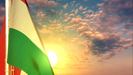 Hungary flag is hanging on sunrise sky for anthem day - defocused - object 3D rendering