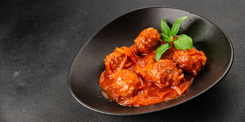 Meatballs tomato sauce beef, pork or chicken meat fresh delicious gourmet food background on the table rustic food top view copy space keto and paleo diet