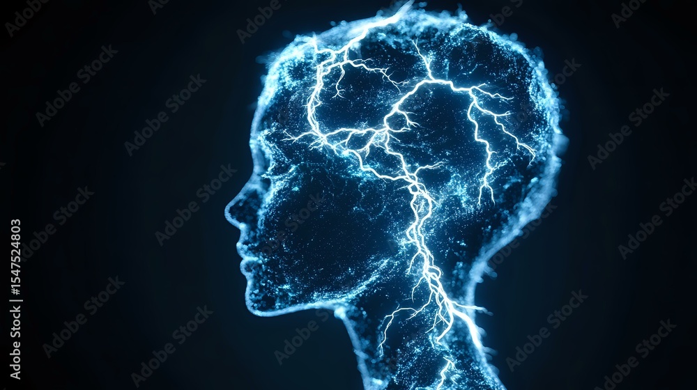 Poster glowing blue lightning silhouette of human head profile with electrical neural connections forming b