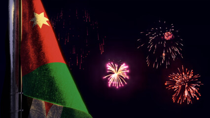 Jordan flag is hanging on fireworks sky for national celebration - bokeh - abstract 3D illustration