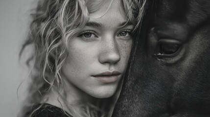 An emotional close up of a young woman looking at the camera while holding a black horse.