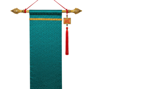 Isolated Traditional Oriental Teal Fabric Wall Hanging Scroll Mockup with Red Tassel and Golden End Caps