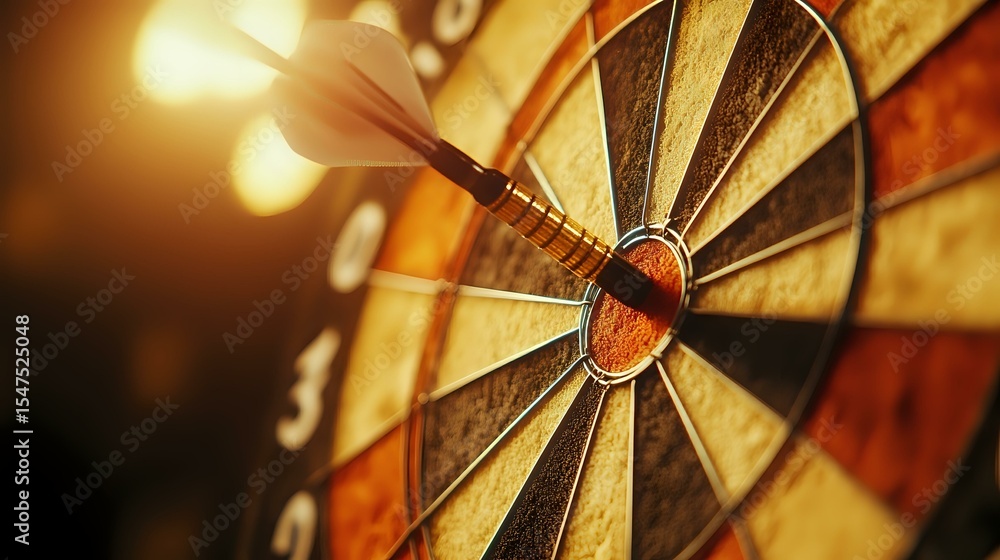 Poster dart hitting bullseye on wooden dartboard in dramatic lighting, close-up macro shot showing precisio
