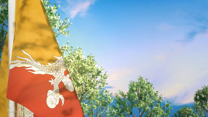 Bhutan hanging flag with trees and sky for national celebration - object 3D rendering