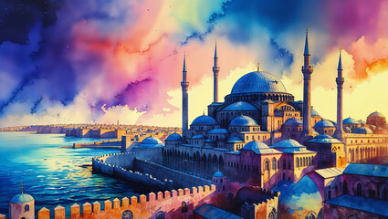 Watercolor painting of a grand mosque with minarets and domes overlooking a coastal city under vibrant colorful skies