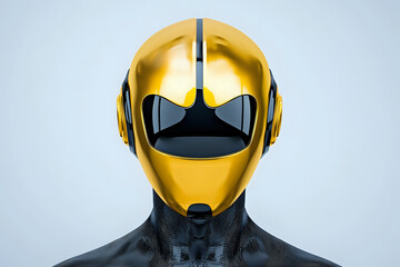 Fototapeta premium Futuristic golden robot head with black visor and sleek design against light background, showcasing advanced cybernetic technology and artificial intelligence concept.