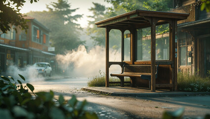 Wooden bus stop in a small town with morning mist and vehicle passing through beautiful street scene
