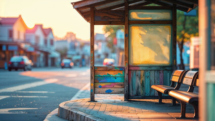 Wooden bus stop shelter with benches on a city street at sunset with blurred background and warm light.
