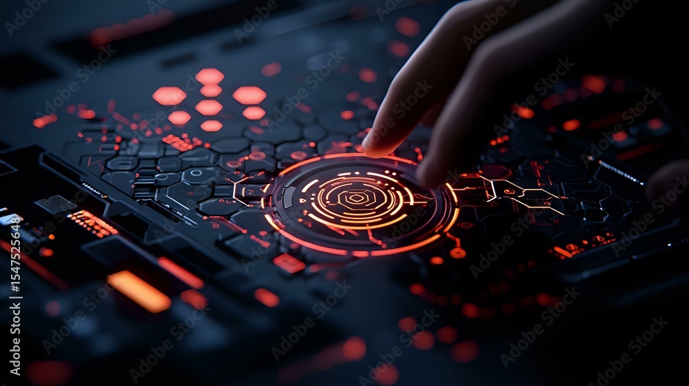 Poster futuristic fingerprint scanner with glowing orange interface and hexagonal pattern on dark surface, 