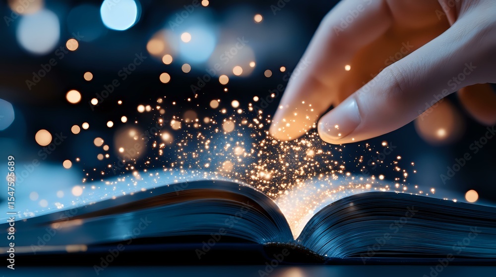 Aufkleber magical glowing sparkles rising from open book pages as hand touches mystical illuminated story. enc