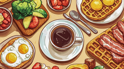 Colorful breakfast with eggs, bacon, waffles, salad, and coffee on a wooden table