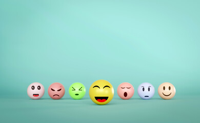 Color level ball with face icon. concept of evaluation, feedback, customer satisfaction rating and service. Represents emotion of face on green background, review opinions recommendation. 3D rendering