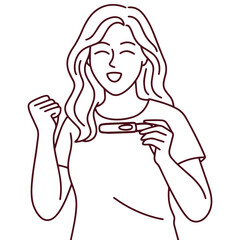 Line drawing of woman joyfully smiling and raising a fist after seeing a positive pregnancy test. Symbol of happiness and expectation