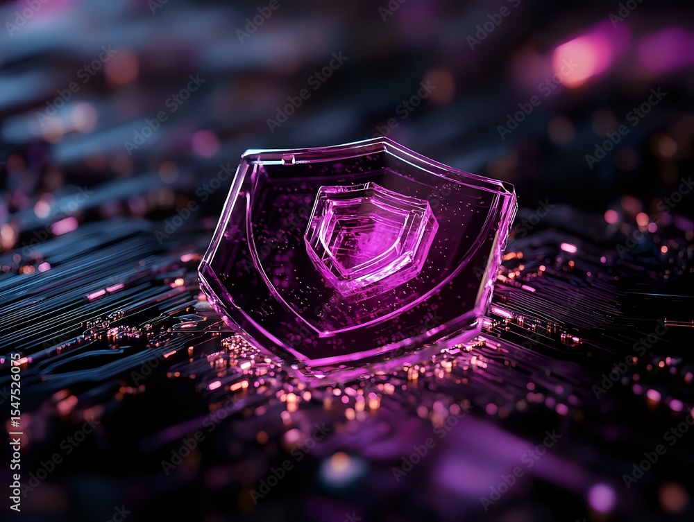 Aufkleber glowing pink geometric crystal shape on dark circuit board background with bokeh lights and reflecti