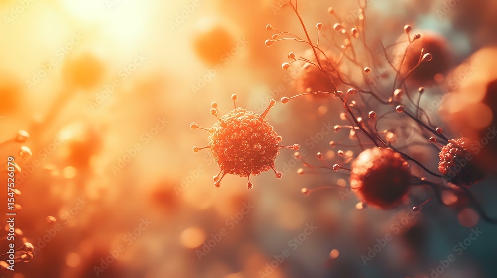 Poster microscopic virus cells floating in orange atmospheric background with depth of field effect and blu