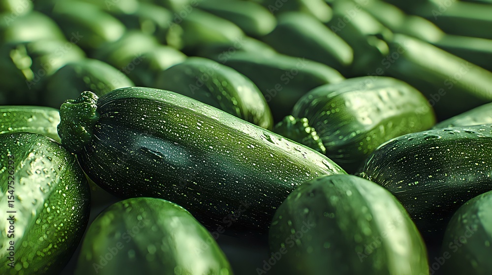 Poster fresh green cucumbers with water drops arranged in rows, macro view showing natural texture and glos