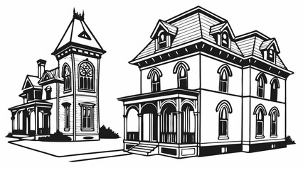 Fototapeta premium Two Victorian Houses Illustration Black and White Vintage Architecture Real Estate