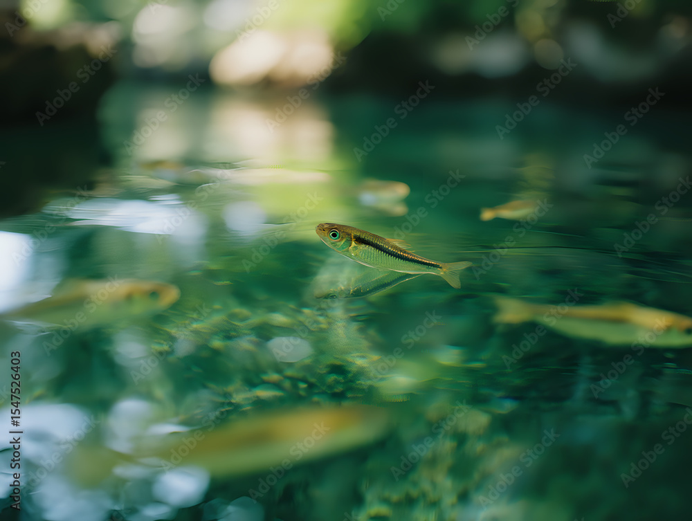 Poster small green grasshopper walking on water surface with emerald reflections and bokeh lights creating 