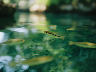 Small green grasshopper walking on water surface with emerald reflections and bokeh lights creating dreamy natural atmosphere in pond or lake environment.