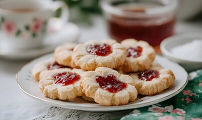 A plate of thin cookies with jam in the center, each cookie has different shapes and is shaped like flowers or circles, Generative AI