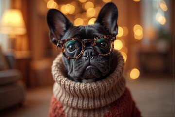 A bulldog with glasses and a sweater