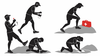 Obraz premium Silhouette Runners Experiencing Injury Pain Fatigue Hydration Outdoor Sports First Aid and Wellness Concepts Set for Design