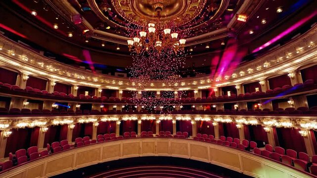 Bright lights illuminate a stunning theater interior during an artistic performance in the evening