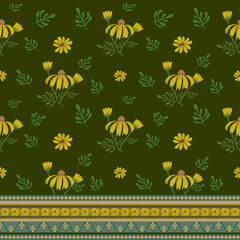 Elegant folk-style yellow flower pattern with ornamental border on deep green base. Ideal for textiles, crafts, and folk-themed projects.