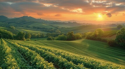 Sunset over a hilly area with green fields and forests. Useful for articles about nature, travel and ecology.