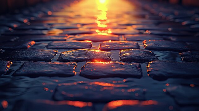 Cobblestone street reflecting sunset light.
