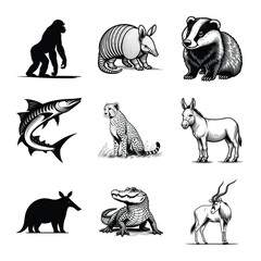 Various types of animal bundle silhouette line art on isolated white background

