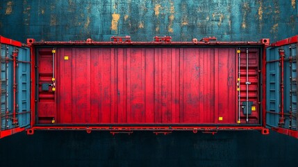 Bright red container on a background of blue. Useful for articles about logistics and transportation.