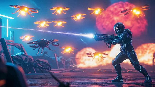 Futuristic soldier shooting in battle
