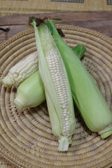 トウモロコシ、収穫のイメージ、夏野菜、白いトウモロコシの写真
