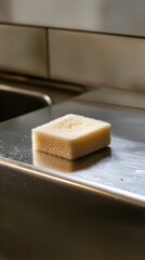 Pale yellow sponge sits on steel surface