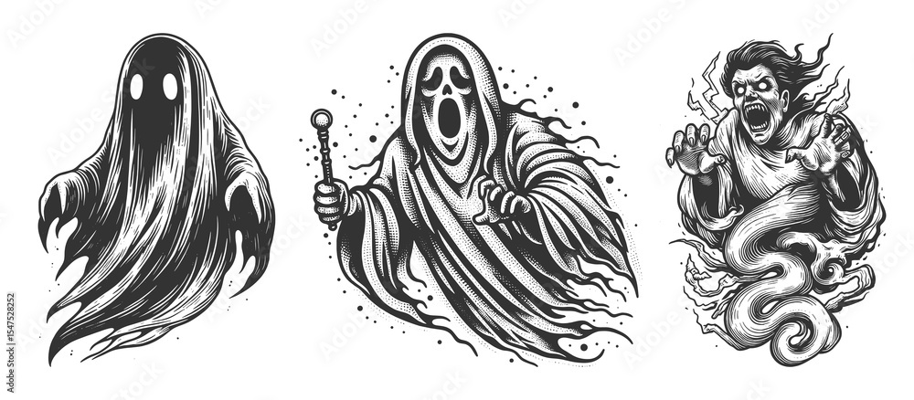 Poster ghosts and haunted spirits with eerie expressions and floating forms set collection bundle sketch en