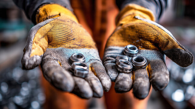 Close-up of worker’s gloved hands holding small metal parts, realistic industrial setting with blurred gritty background, safety gloves and precision engineering in heavy manufacturing environment