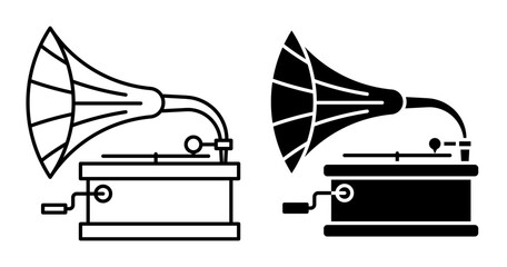 Linear icon. Classic gramophone, old mechanical device for playing sound recordings. Large metal horn and base, rotating platform for vinyl. Simple black and white vector isolated on white background