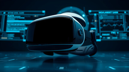 Virtual reality headset displaying futuristic interface with charts and data analysis