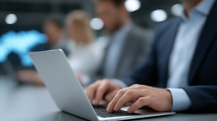 Futuristic office scene with team using digital devices under virtual overlays of big data, marketing analytics, and internet cloud systems, representing smart collaboration and digital strategy. tech