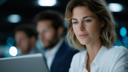 Team of professionals engaged in digital communication using laptop and tablet, enhanced with 3D holographic technology elements for cloud computing, global business, and network data flow. tech works