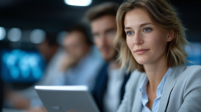 Digital technology professionals collaborating in a modern office with tablet and laptop, surrounded by holographic data, global network icons, and internet cloud overlays for smart solutions. banner