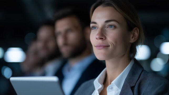 Group of business people working with glowing digital interfaces showing world map, data graphs, and cloud symbols in a tech-themed workspace, symbolizing innovation and global connectivity.tech works